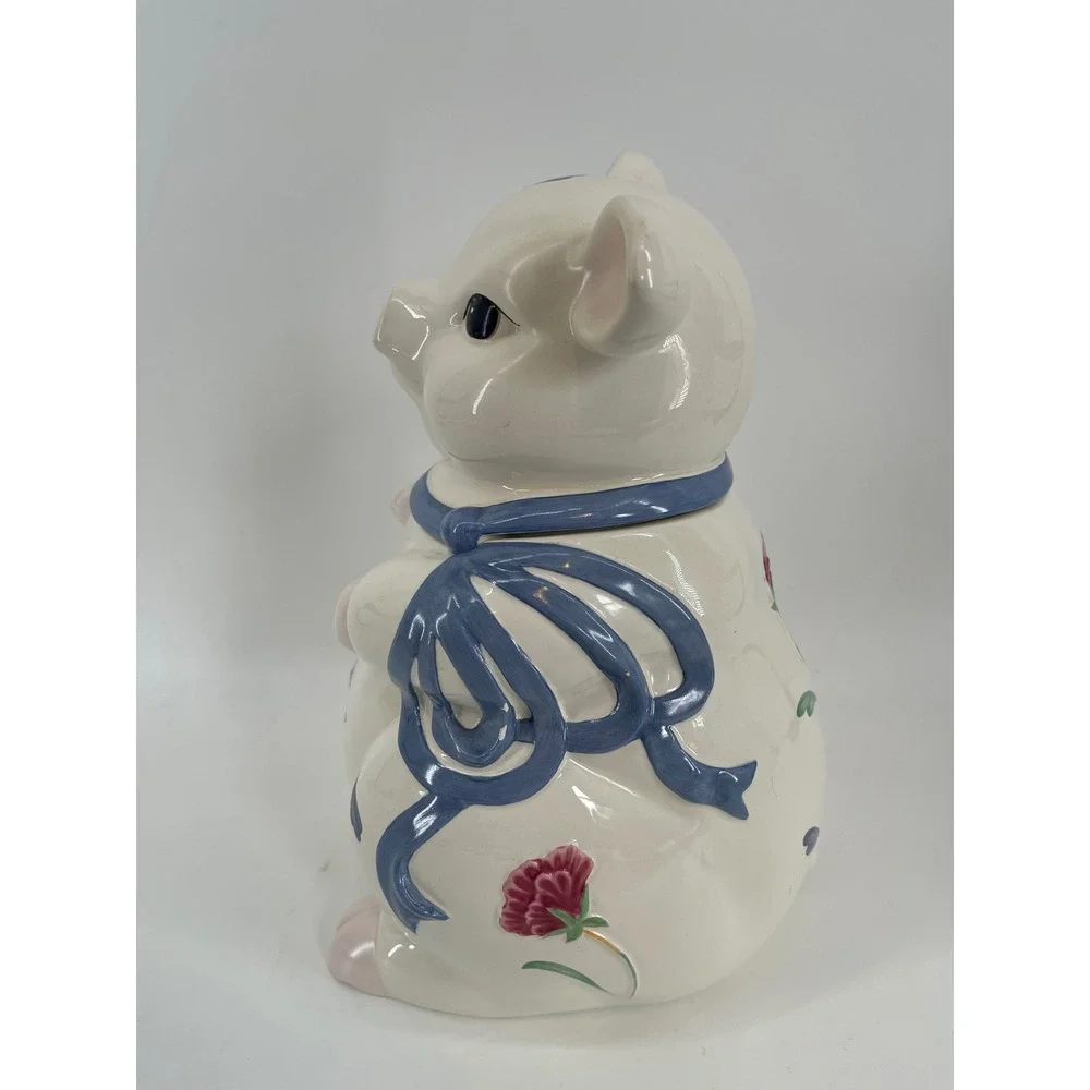 Lenox Poppies on Blue Pig Cookie Jar Poppies Barnyard White Blue Cottagecoe